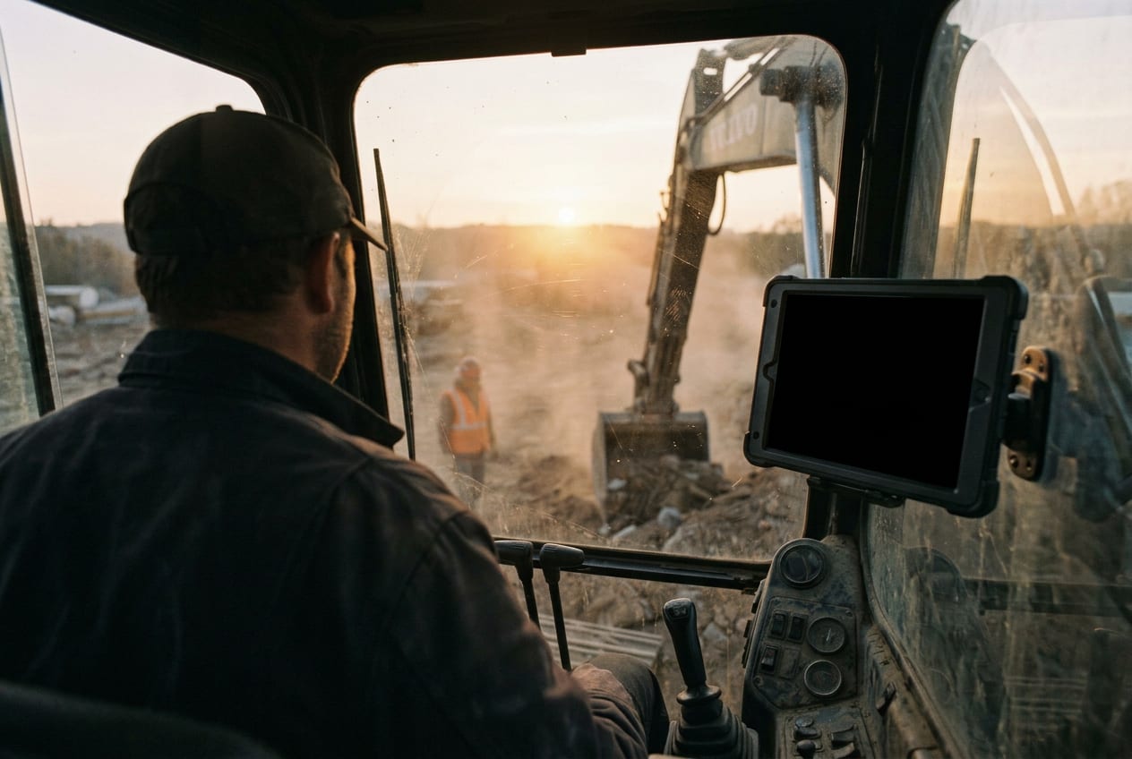 An operator's view from inside the cab, with a mounted in-cab tablet and a spotter visible through the windshield