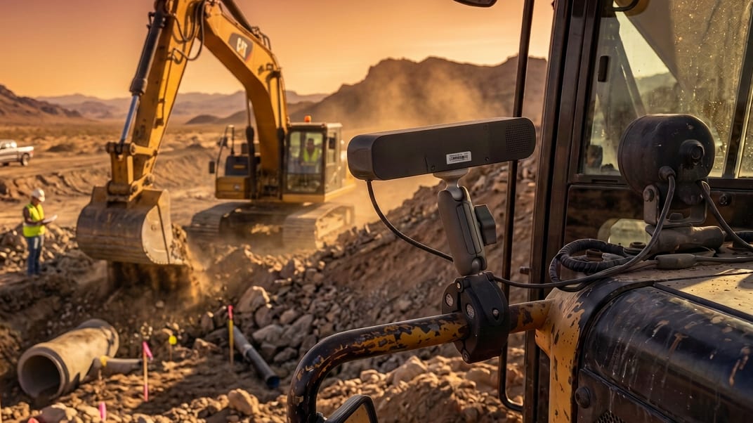 A Dozer camera unit mounted on a machine, with an excavator digging and a spotter with a tablet on a jobsite
