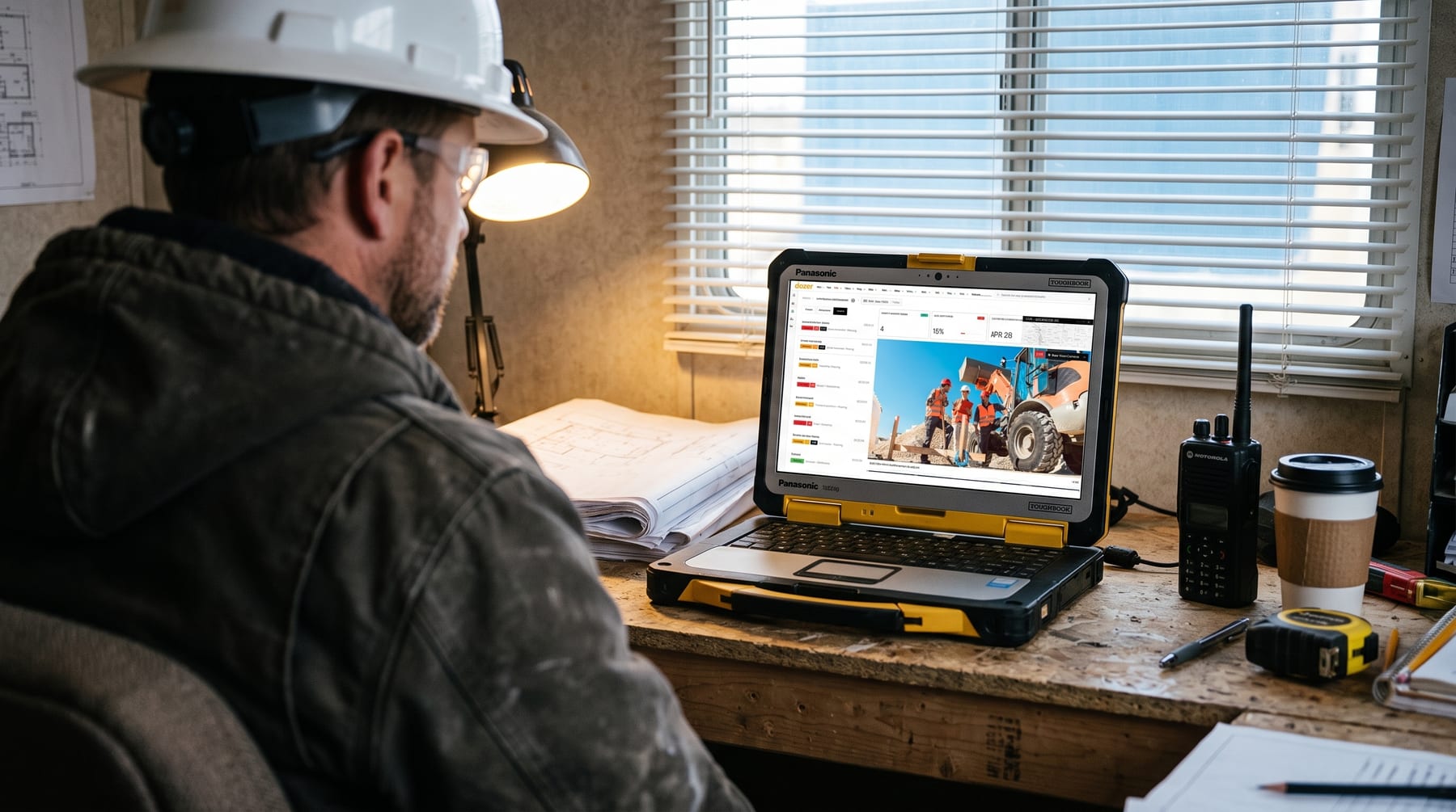 A manager in a jobsite trailer reviewing the Dozer dashboard on a rugged laptop