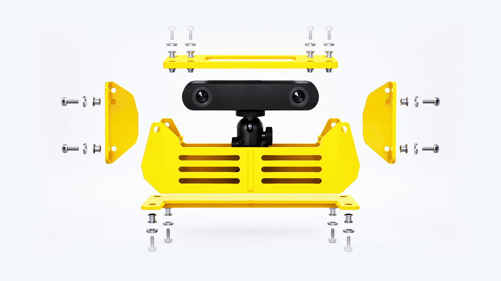 The Dozer camera housing assembling around the depth camera piece by piece, then coming apart again.