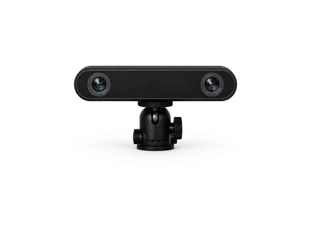 The Dozer stereoscopic depth camera on its ball-head mount, with the housing removed.