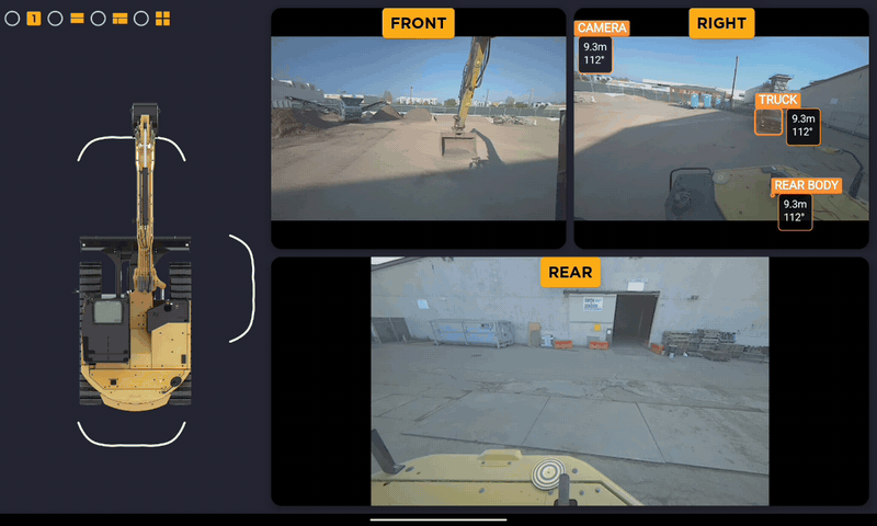 Dozer in-cab tablet showing front, right, and rear camera feeds around a top-down view of an excavator, with a truck and car boxed and labeled with distance as the zones turn orange and red.